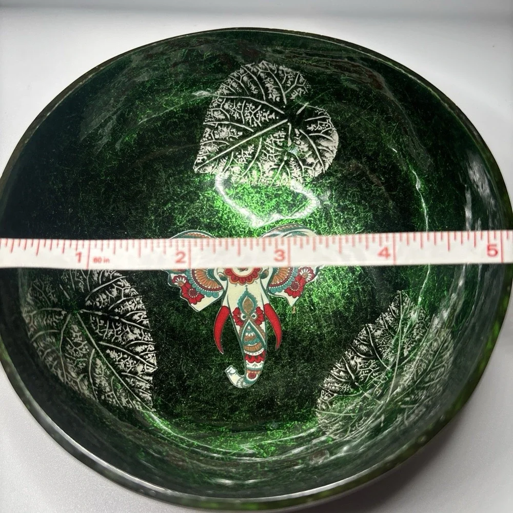 Coconut Shell Trinket Bowl Elephant Stamp Green Iridescent‎ Artisan